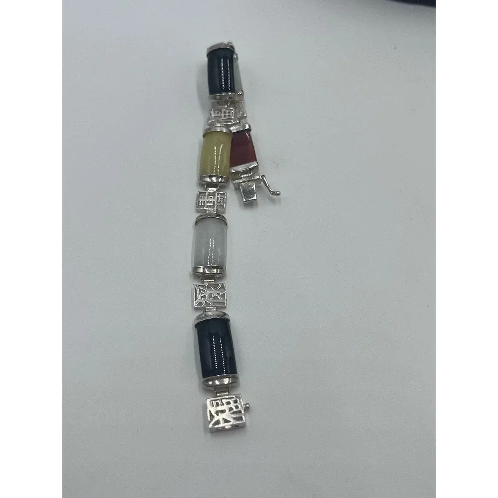 Vintage 1960's Signed Chinese Jadeite Sterling Panel Link Bracelet 7.5